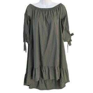 Candida off shoulder tiered flowy dress khaki olive green Medium @F1